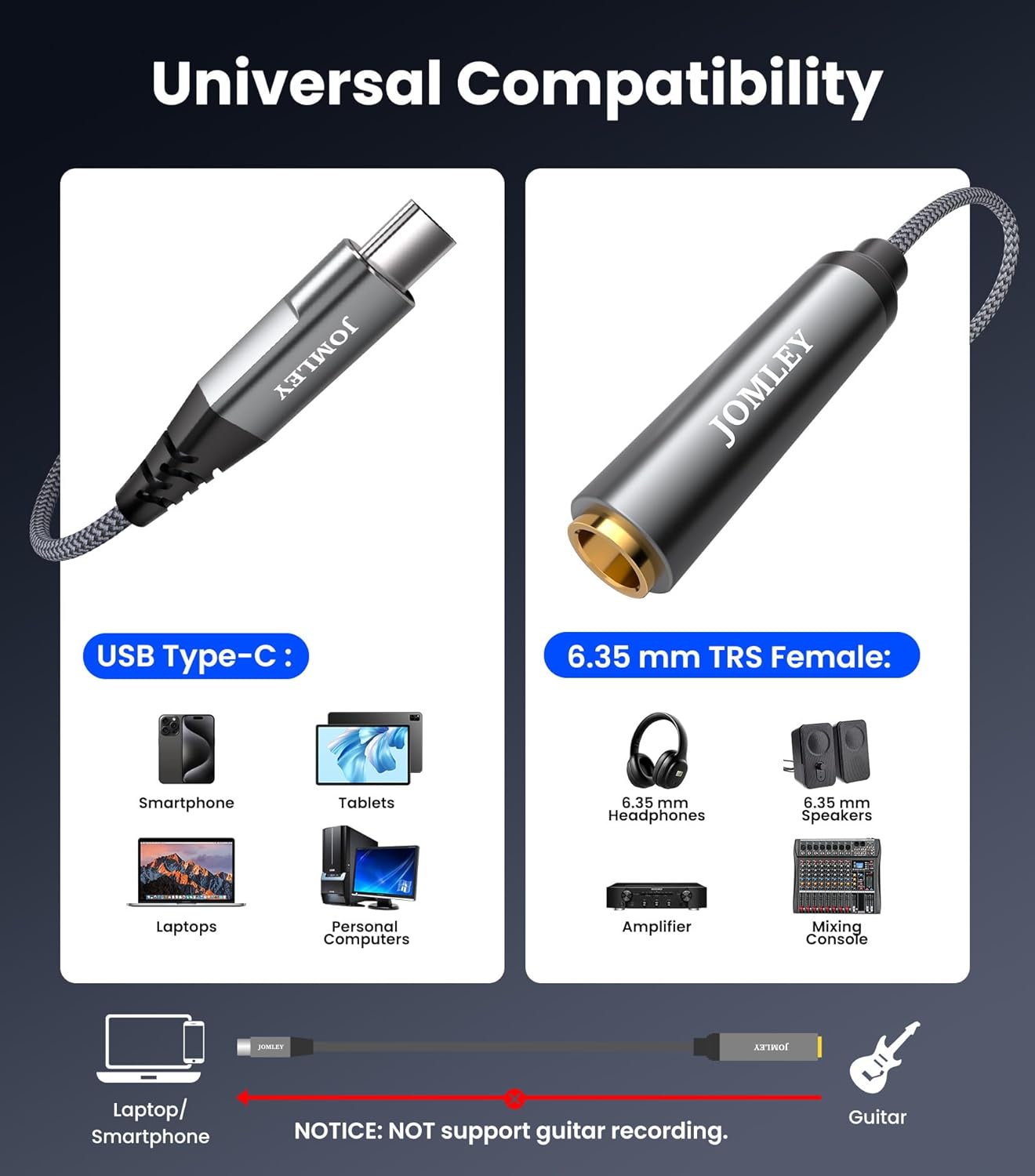 JOMLEY 1/4 3.3ft/1M, 1/4 Inch 6.35mm USB C to Headphone Adapter TRS Female to USB C Stereo Jack Headphone Adapter Cable