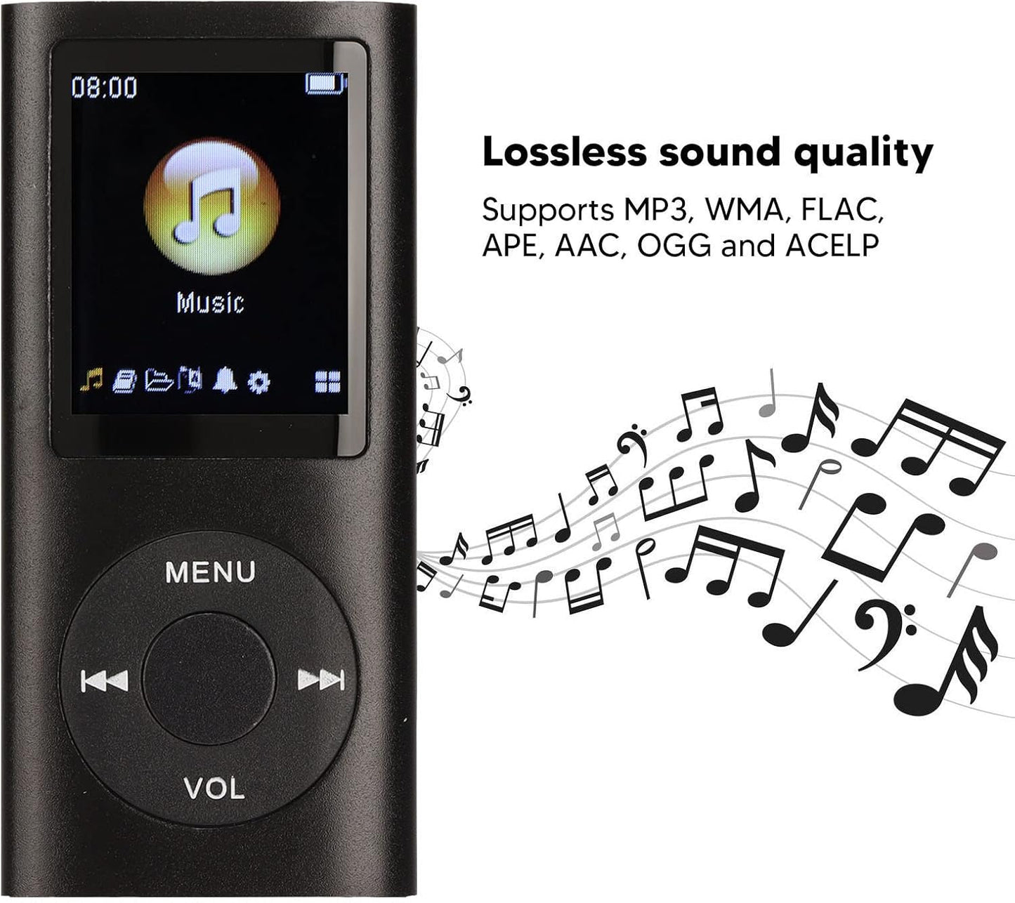 Zopsc MP3 1.8 Inch 64GB, 200mAh Portable Player, Lossless HiFi Music Player with LCD Screen, Memory Card Slot Support