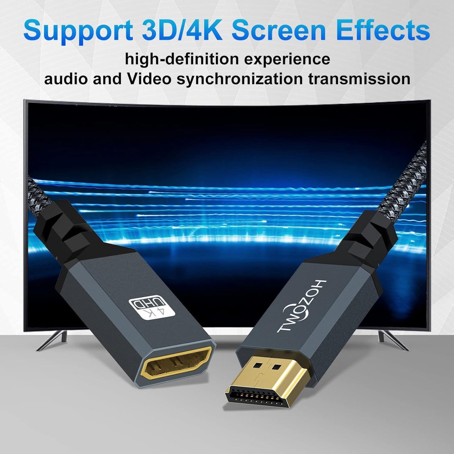 Twozoh 15FT 2 Pack, 4K 2.0 4K@60Hz 3D HDMI Extension Cable HDMI Extender Male to Female Cord, Nylon Braided HDMI Cable