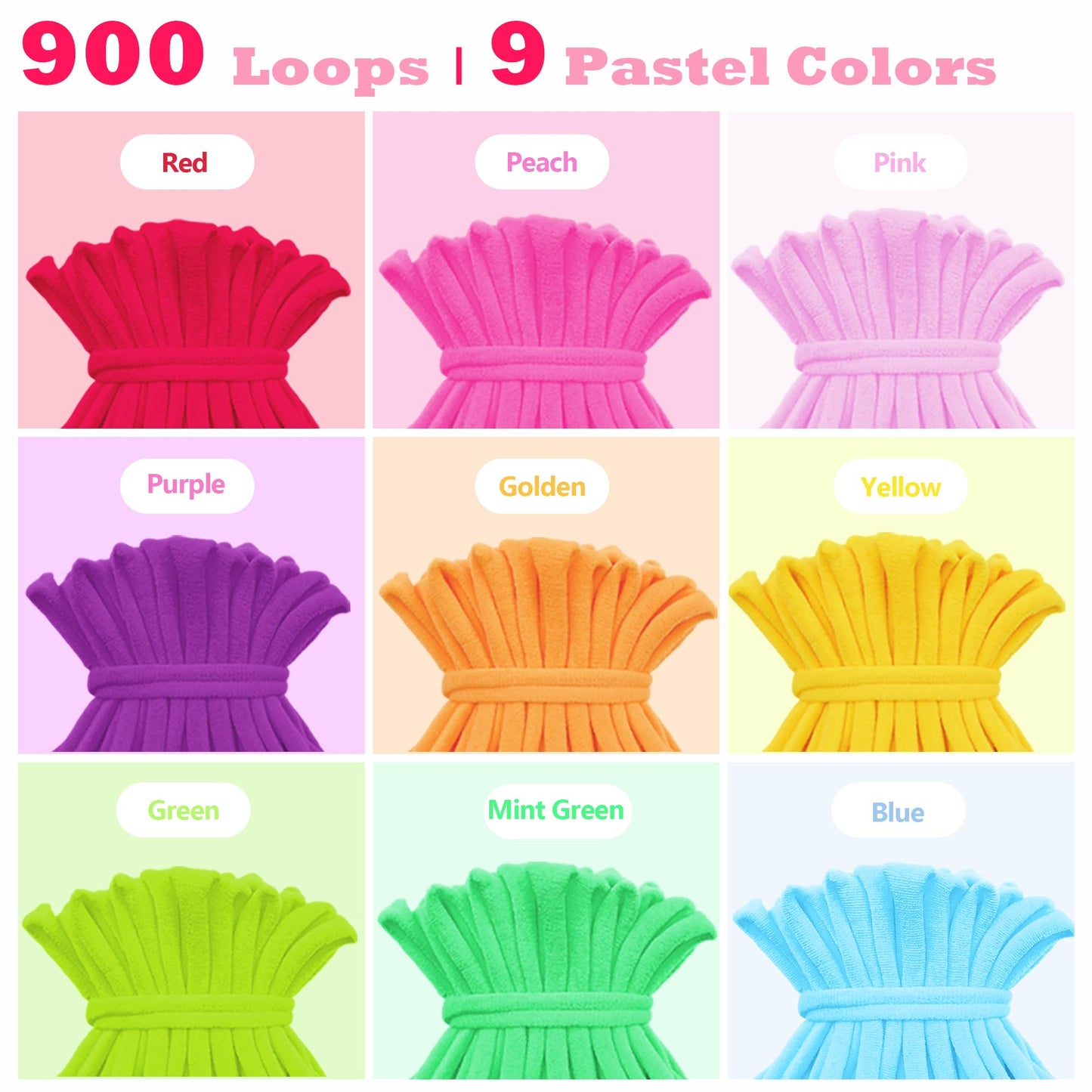 SOOHAOLISS 900pcs Weaving Loom Refill Loops for 7'' Weaving Loom, Potholder Loops in 9 Pastel Colors, Elastic Pot Holder Loom Refills, Nylon Loom Bands for Kids, Adults, Ideal Gifts for Girls