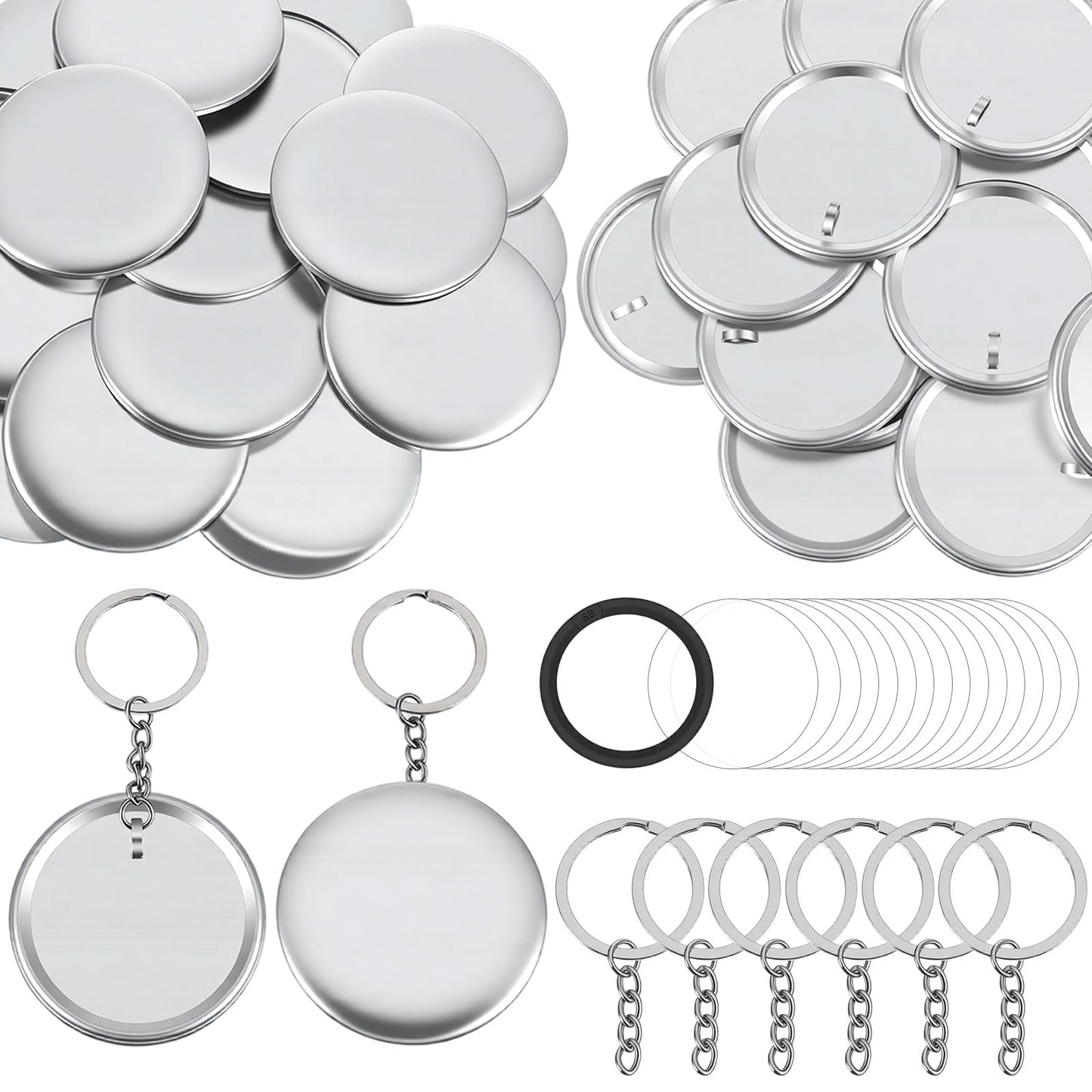 Afcabakila 100 Sets Button Maker Keychains Supplies 58mm/ 2.25 Inch Metal Badge Kit with 1.98 Inch Keychain Ring, Metal Shell, Plastic Film, Backing Parts for Button Maker Machine DIY Craft Gifts