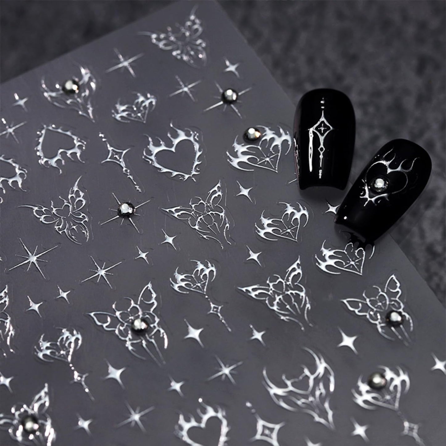 Silver Star Nail Art Stickers 5D Self Adhesive Heart Butterfly Nail Stickers for Nail Art Silver Nail Decals Rhinestone Design Star Nail Supplies for Women Girls