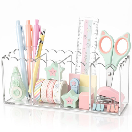 Tosstuki Scalloped Acrylic Pencil Holder for Desk, Clear Pen Organizer with 4 Compartments, Marker Makeup Brush Holder Remote Caddy for Home, Office, Bathroom, Classroom, Table