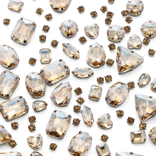 TANOSII Sew on Rhinestones 100 PCS Mixed Shapes Glass Rhinestones Sew on Crystal Gems Mental Flatback with Silver Claw for Jewelry Crafts Clothes Shoes Costume Garment Champagne