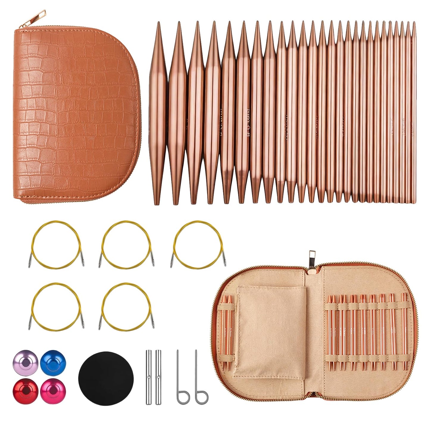 LYMIGER 13 Pairs Interchangeable Circular Knitting Needles Set, 4in Knitting Needles Set Aluminum 3-10mm with 20cm, 40cm, 60cm, 80cm, 100cm Rotatable Cables, Knitting Accessories and Case (Rose Gold)