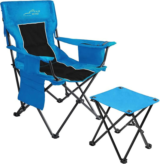 FAIR WIND Oversized Padded Camping Chair with Footrest Stool Set Heavy Duty Support 300 LBS Cooler Bag Chair - Black