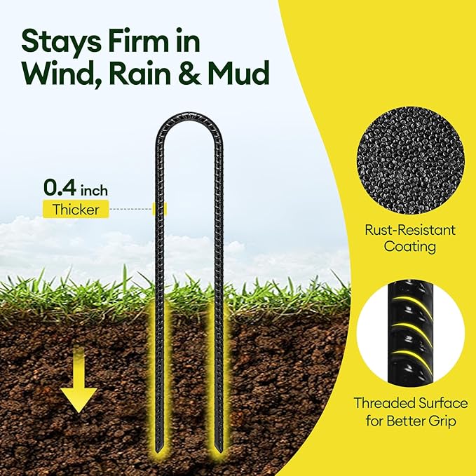 12 Inch Rebar Stakes Heavy Duty 20 Pack, U Shaped Ground Stakes, Galvanized Steel Trampoline Stakes, Tent Anchor Kit Anti-Rust, Drip Hose Wind Stakes, Black