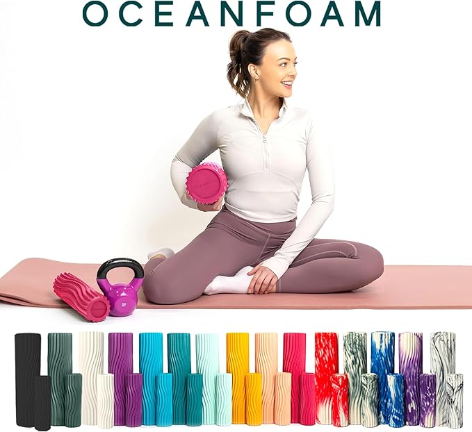 Oceanfoam Ripple Travel Foam Roller (11" x 3.35") Firm Mini Foam Roller for Physical Therapy, Deep Tissue Massage, Back Pain - High Density, Ergonomic Wave Textured, Yoga, Pilates, Exercise (Hot Pink)