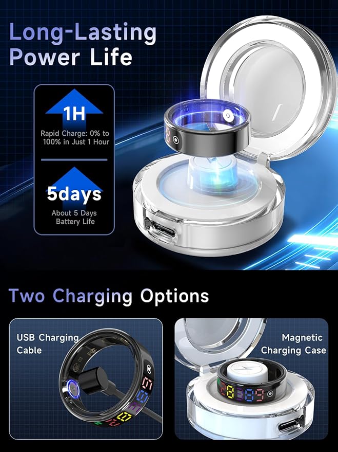 Smart Ring for Women Men, Health Ring with Colorful Display, Fitness Tracker with Heart Rate, Blood Oxygen, Sleep Monitor, No Subscription Fee, 5ATM Waterproof for iPhone & Android (Silver, 9)
