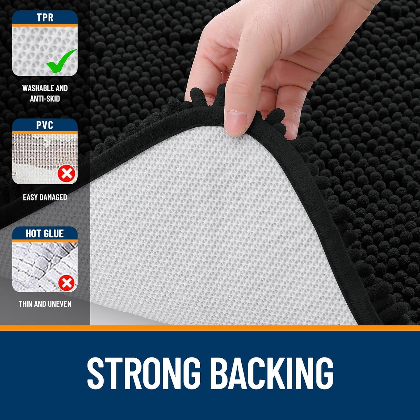 OLANLY Large Bathroom Rugs - Extra Soft Chenille Bath Mats | Quick-Dry, Rubber Backing, 44x32, Black