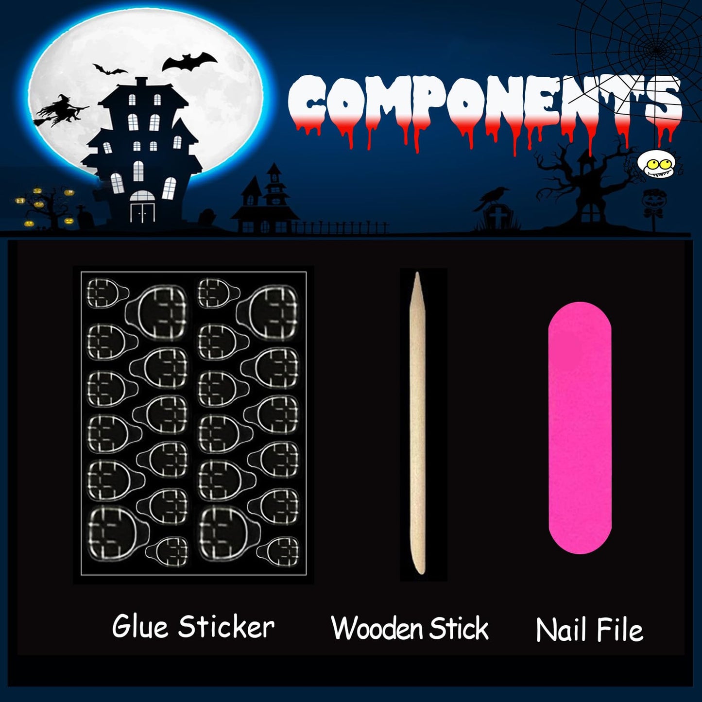 Halloween Press on Nails Long Square Fake Nails with Design Red Blood Drops Glue on Nails White French Tip False Nail Full Cover Coffin Nail Press Ons Acrylic Stick on Nail for Women 24Pcs