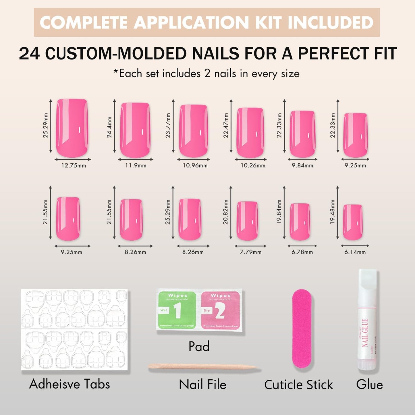 SXVME Press On Nails Long Square - Hot Pink Press on Nails with Glue for Women, Bright Fake Nails Press ons Medium, Glossy Soft Gel Glue on Nails Coffin, Reusable Nail Stick Ons, Fushia 24 Pcs