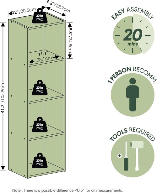 Furinno PASIR 4-Tier Modern Bookshelf - Easy Assembly Open Shelves Bookcase | Green/White 9 x 12 x 42