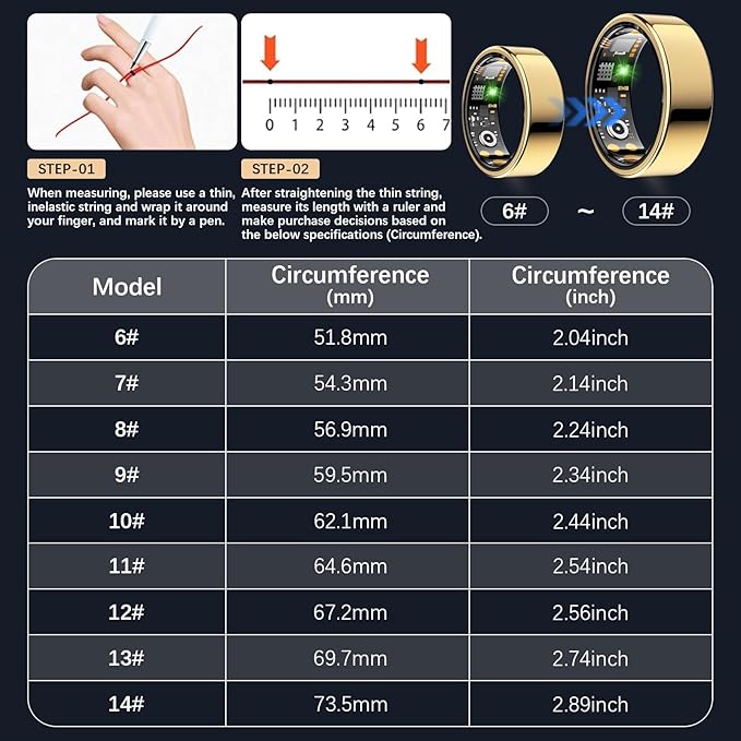 Ring Health Tracker for Women Men, Fit Ring with Heart Rate, Blood Oxygen, Sleep Monitor, Calories, Step Counter, IP68 Waterproof Smart Ring for iPhone & Android, No Subscription Fee (Gold, 6#)