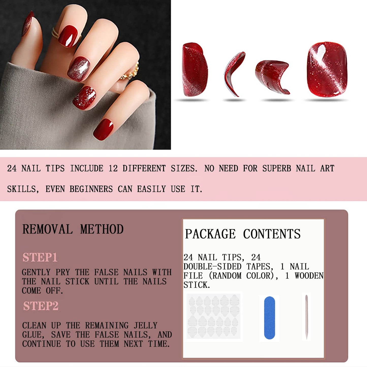 Medium Square Press on Nails Gold French Tip Fake Nails Nude Pink Cat Eye Press ons Acrylic False Artificial Full Cover Stick on Nails for Women Girls 24 Pcs
