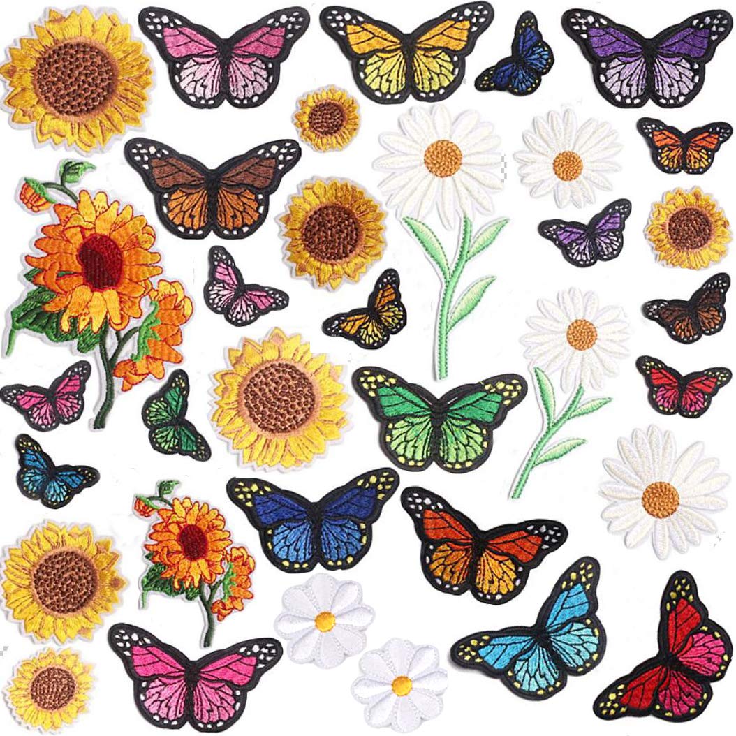 NNHOM 35 PCS Embroidered Iron-On Patches Set – Sunflower & Butterfly Designs | DIY Sewing or Heat Press Appliqué for Clothing Repair, Jeans, Jackets, Backpacks, Hats & Craft Decoration