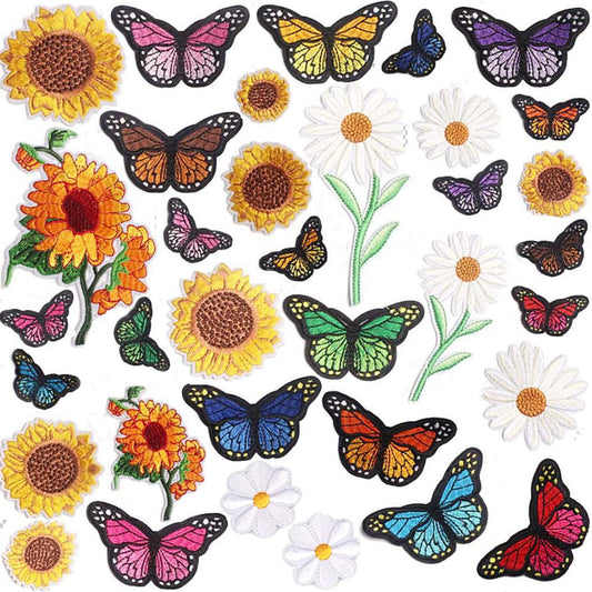 NNHOM 35 PCS Embroidered Iron-On Patches Set – Sunflower & Butterfly Designs | DIY Sewing or Heat Press Appliqué for Clothing Repair, Jeans, Jackets, Backpacks, Hats & Craft Decoration