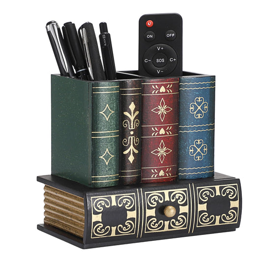 Hoowen Decorative Pen Holder, Antique Book Pencil Holder for Desk, Wooden Pen Cup Holders with Storage Drawer, Vintage Desk Organizer Pencil Caddy for Library Decor, Home, Office Art Supplies