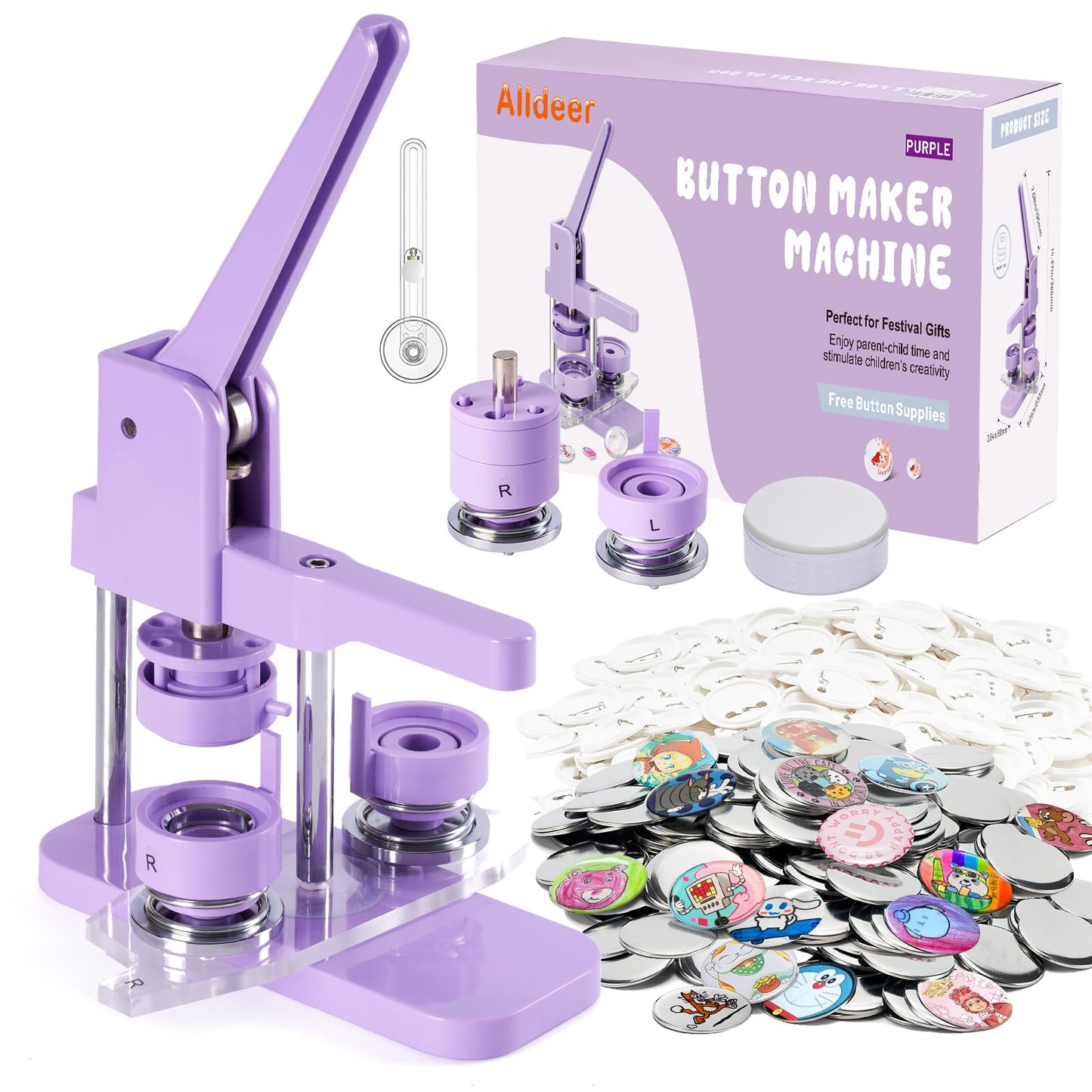 Alldeer Button-Maker-Machine Kit 32mm /1.25 inch, Button Press Machine 32mm, Easy-to-use Rotate Models, Pin Maker Kit with 100 Sets Plastic Supplies, DIY Small Badges, Starting Creative Project