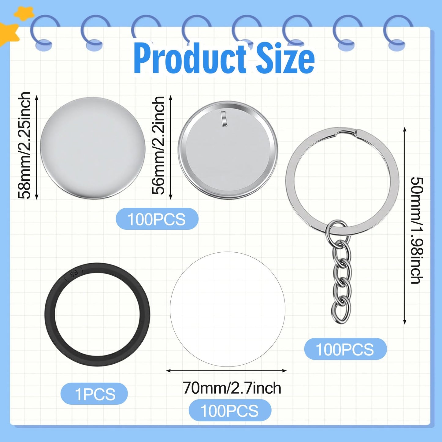 Afcabakila 100 Sets Button Maker Keychains Supplies 58mm/ 2.25 Inch Metal Badge Kit with 1.98 Inch Keychain Ring, Metal Shell, Plastic Film, Backing Parts for Button Maker Machine DIY Craft Gifts