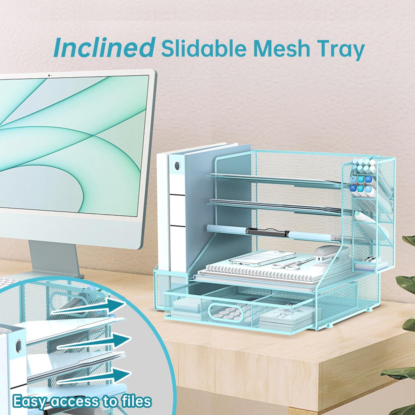 SUPEASY Desk Organizer with File Holder, 5-Tier Mesh Paper Letter Tray Organizer with Pen Holder and Drawer, Desktop Organizer and Storage with 3 Tilted File Sorter for Office Supplies, Blue