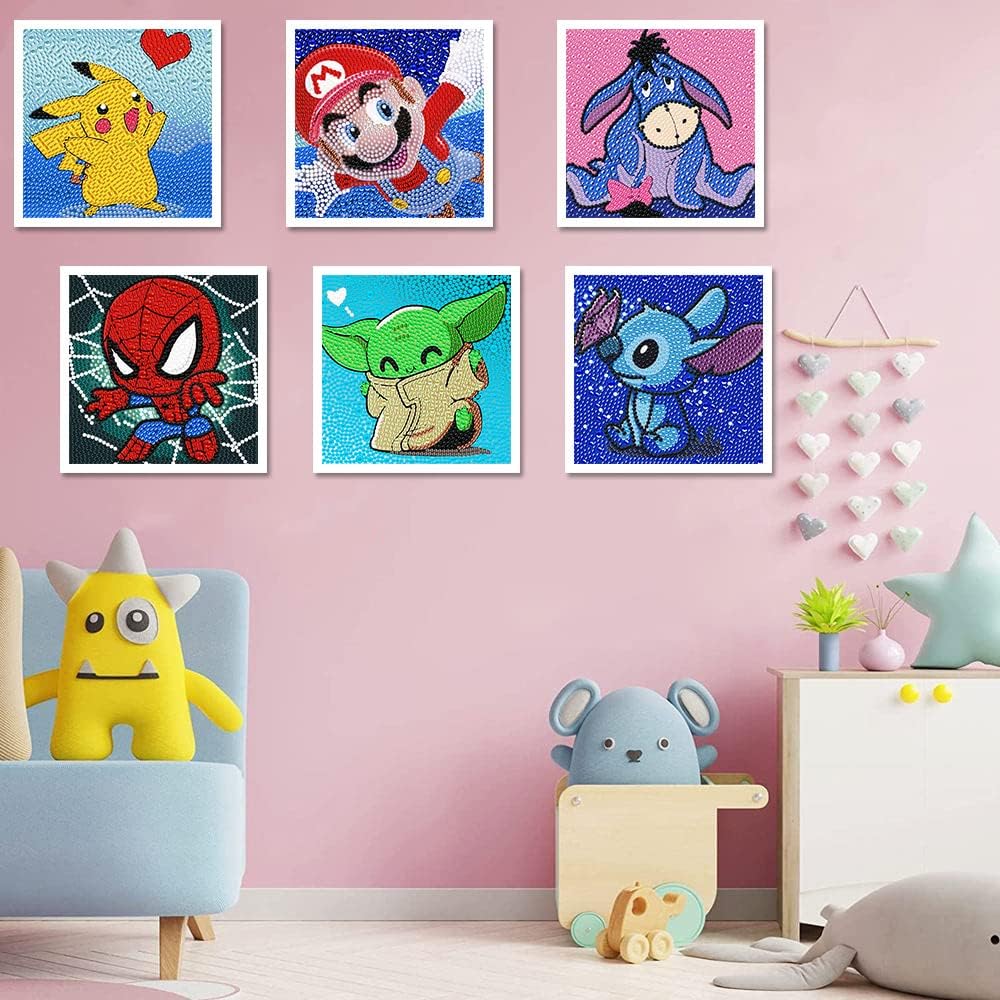 LWZAYS 6 Pack 5D Cartoon Diamond Painting Kits for Kids Beginners, Diamond Art Kit for Kids Ages 8-12, Mosaic DIY Full Round Drill Big Gem Art for Kid, Home Wall Decoration 6X6 inch