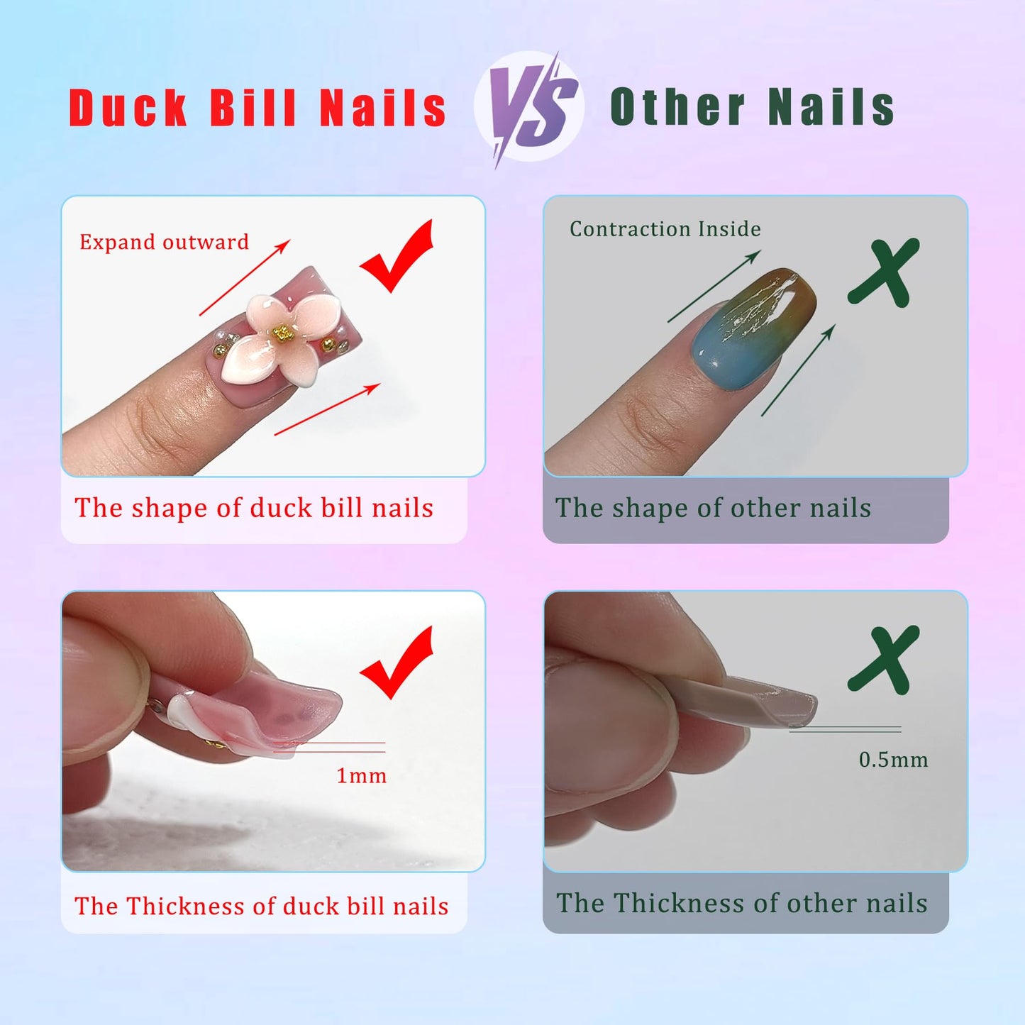 TENPAL Handmade French Tips Press on Duck Nails Kits - Icy Blue Purple Ombre Duckbill Nails with 3D Cherry Design, Acrylic Glossy Y2K False Nails for Women Girls Daily Parties(L)