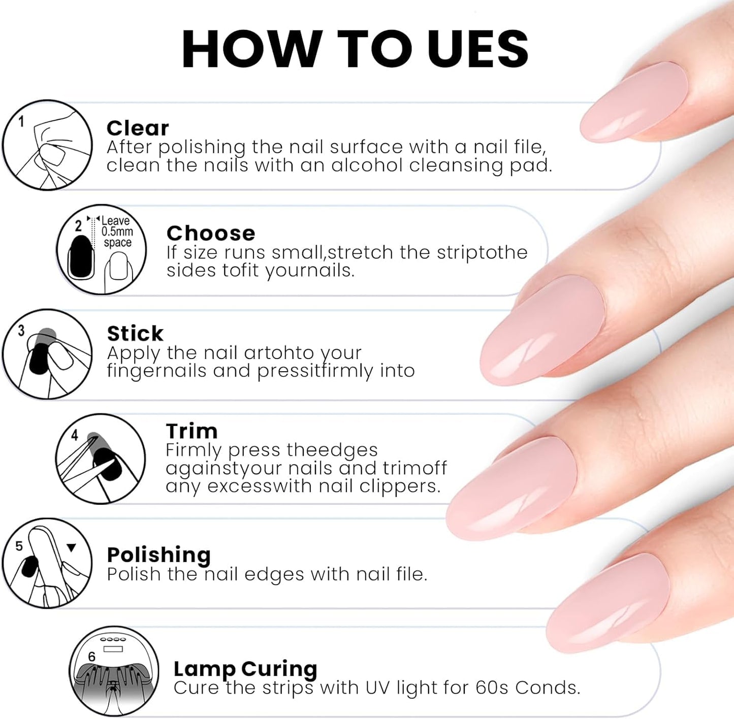 Oauee Semi Cured Gel Nail Strips | Built-In Gel Top Coat | UV Light Required | Salon Quality, Easy Application And Removal (Moon Blush)