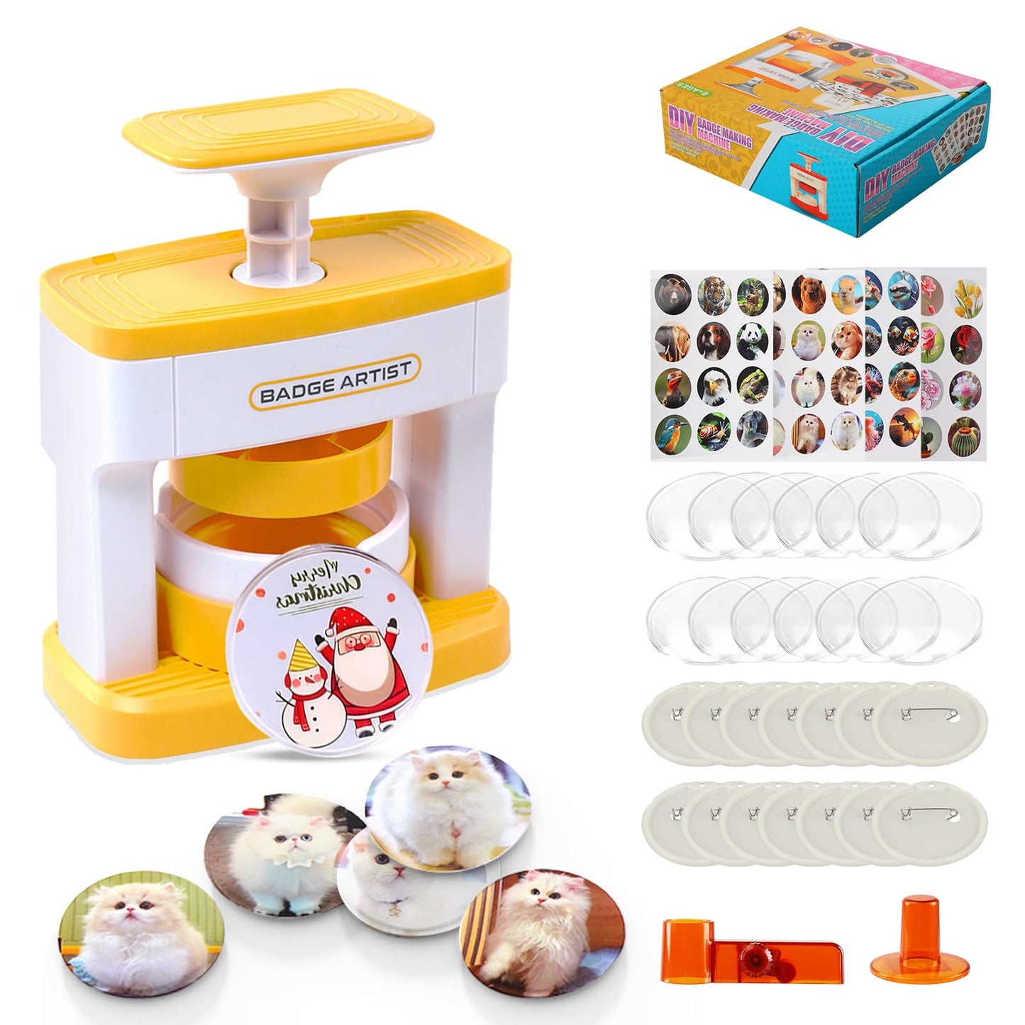 Button Maker Machine, 55mm(2.16 inch) Pin Badge Maker Machine, DIY Badge Punch Press Kit with 48 pcs Button Parts Pictures, Circle Cutter, Arts & Crafts Birthday Gifts for kids, School Projects