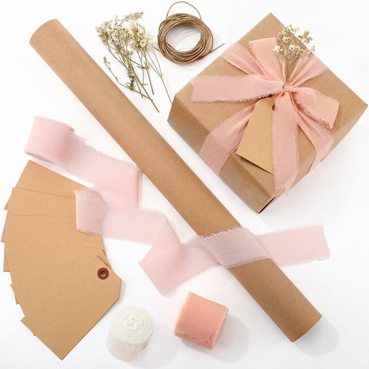 Suncalla 16 Pcs Wrapping Paper Set 16 Inch x 16 ft Elegant Neutral Vintage Kraft Gift Wrapping Paper and Ribbon Tags Dried Flowers for Graduation Wedding Bridal Baby Shower Birthday Engagement(Pink)