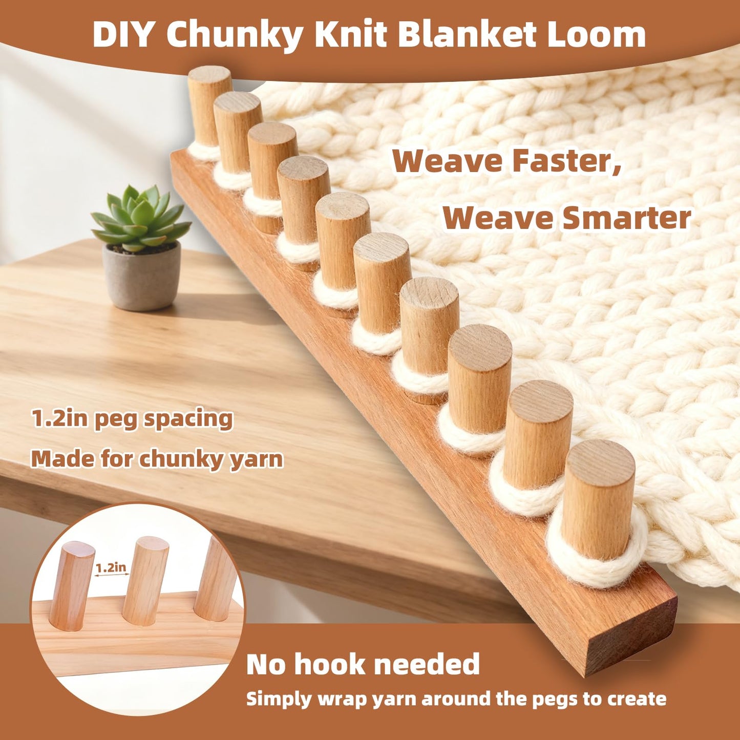 QAMGCYW 75" Chunky Yarn Loom, Beginner Hand Knitting Loom with Detachable Wooden Frame, Adjustable Size No Needles, DIY Blanket Weaving Loom, Premium Wood No Coating