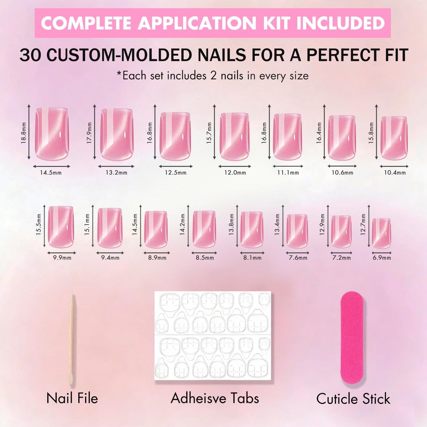 KQueenest Cat Eye Press On Nails Short - Dark Pink Press On Nails Square, 30 Pcs 15 Sizes Glitter Black Fake Nails Press ons, Thick Quality, Reusable Small Glue on Nail for Women Goth Party