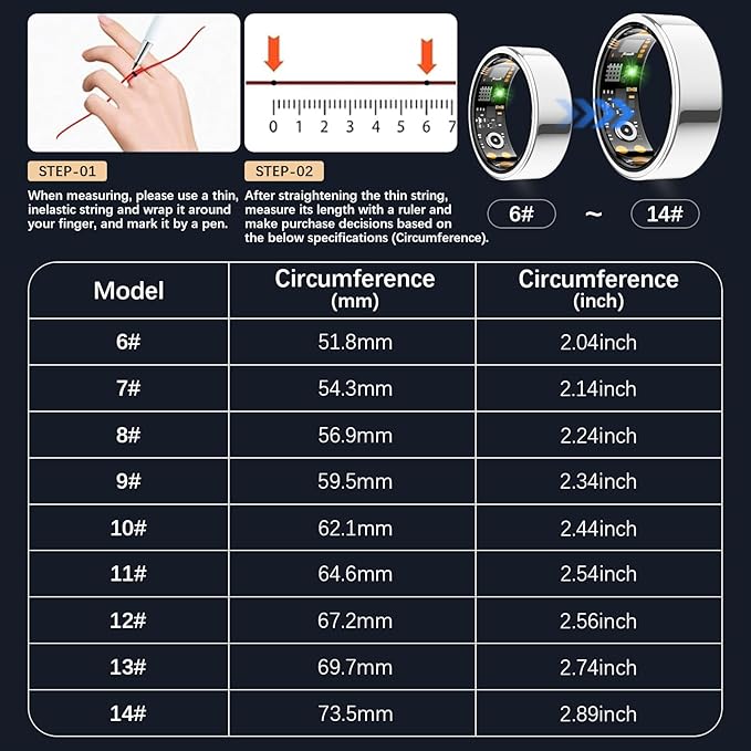 Ring Health Tracker for Women Men, Fit Ring with Heart Rate, Blood Oxygen, Sleep Monitor, Calories, Step Counter, IP68 Waterproof Smart Ring for iPhone & Android, No Subscription Fee (Silver, 12#)