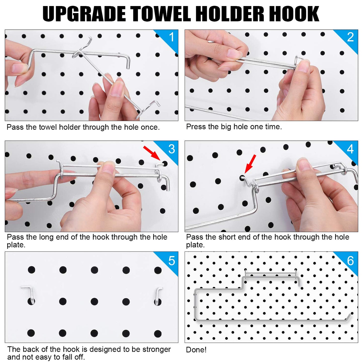 Blulu 4 Packs Pegboard Paper Towel Holder Stainless Steel Pegboard Hooks Organization Accessory for Workshop, Garage, Kitchen, Laundry Room, Bathroom(Silver)