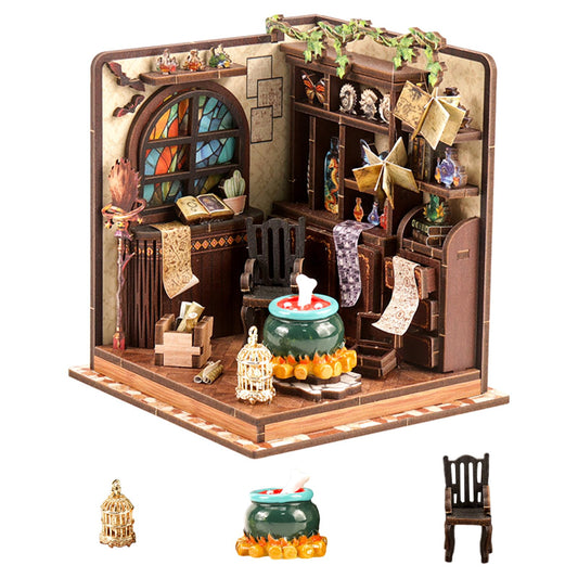DIY Miniature House Kit Wooden Book Nook Kit – Magic Potion Workshop Tiny Home with Vintage Alchemist Master Design, Suitable for Adult, Wooden Dollhouse Decor and Imagination Present for Collector