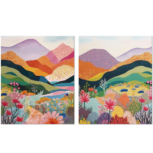 XUNLURY Colorful Mountain Flower Diamond Art Kits 2 Pcs, Maximalist Nature Landscape Diamond Painting Kits for Girls Adults Beginners, Full Drill Diamonds Dots for Home Decor, 9.8x11.8 Inch