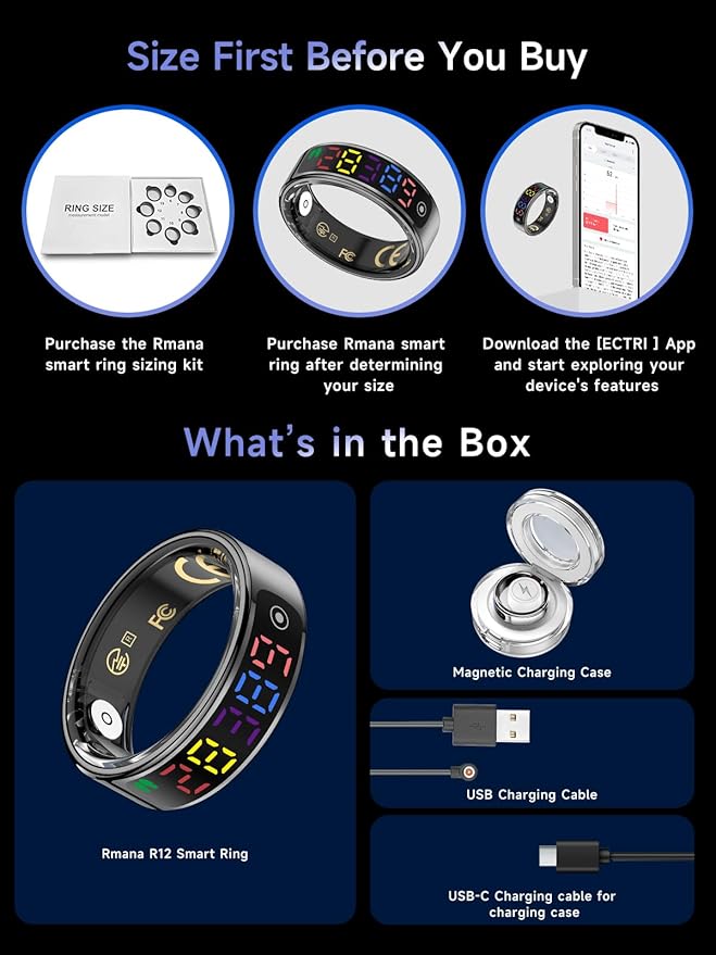 Smart Ring for Women Men, Health Ring with Colorful Display, Fitness Tracker with Heart Rate, Blood Oxygen, Sleep Monitor, No Subscription Fee, 5ATM Waterproof for iPhone & Android (Black, 11)