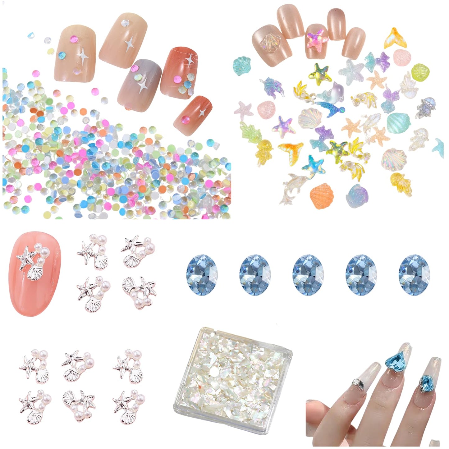 Press On Nails Sizing Kit Card and Ocean Nail Charms Bundle