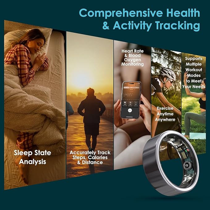 Smart Ring Health Monitoring 5ATM Waterproof Fitness Tracker with Glossy Titanium Surface Blood Oxygen/Sleep/Stress Tracking Women?™s Cycle Prediction Sport Ring Compatible with iOS/Android Gold 12