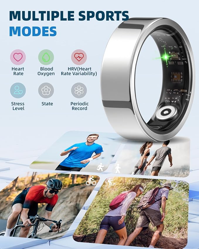 Smart Ring for Women Men Fitness Ring with Step Counting, Heart Rate, Blood Oxygen, Blood Pressure, Sleep Monitoring, IP68 Waterproof for iPhone and Android, No Subscription Fee,Silver 8#