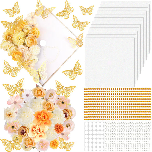 Ywdbzjhs 51 PCS DIY Graduation Grad Cap Decoration Kit - 12 Cream Construction Paper with Artificial Flower Heads 3D Butterfly Pearl Adhesive Dots Rhinestone Stickers for DIY Grad Hat Topper(White)