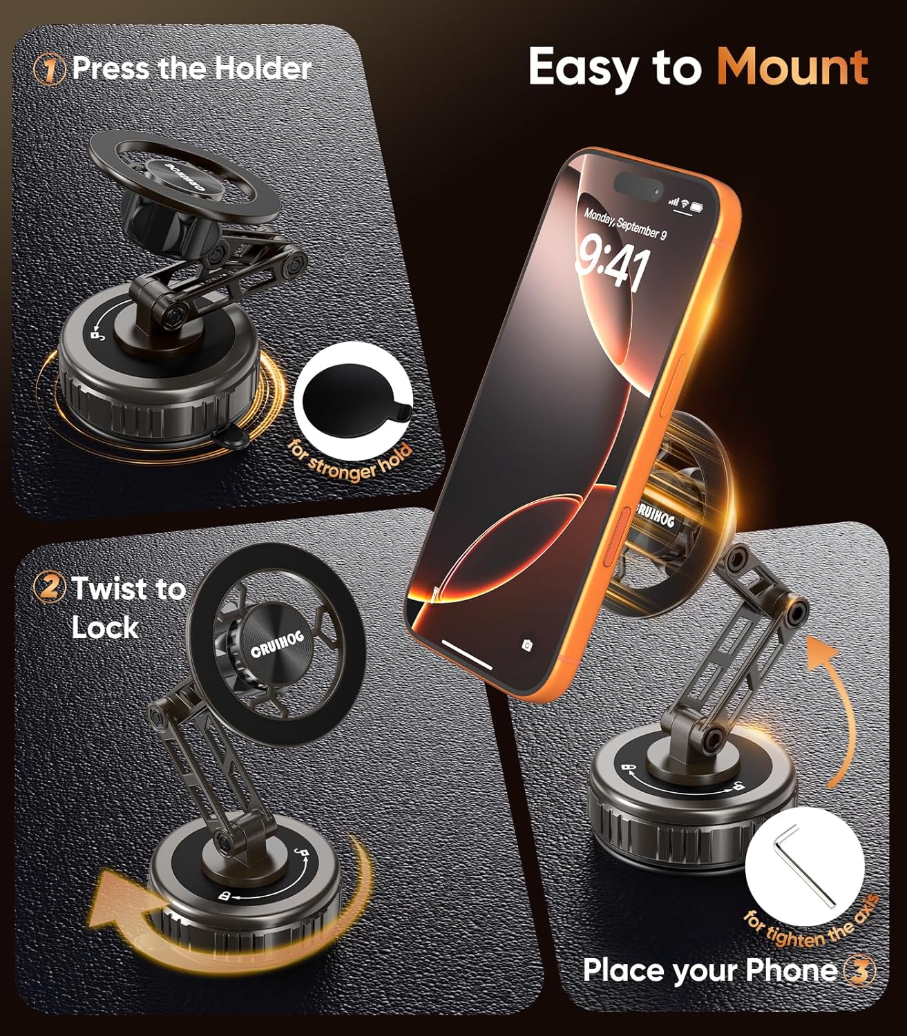 CRUIHOG Holder,3-AXIS 360 Car Phone Telescopic Arm Magnetic Phone Mount, Rotatable & Adjustable & Foldable Vacuum