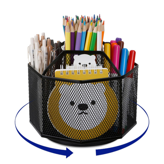 Comix 360° Rotating Pen Holder for Desk, 5 Compartments Office Desk Organizer, Black Mesh Metal Pencil Holder Cup for Office Home School