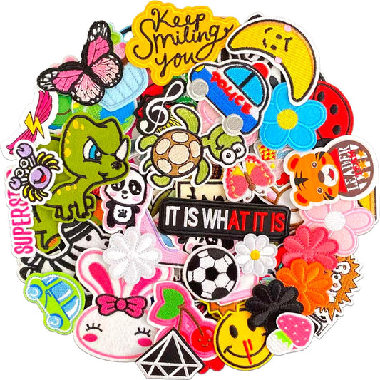 SHELEMB 100PCS Random Assorted Styles Embroidered Patches, Bright Colors, Sew/Iron on Applique Patches for Dresses, Backpacks, Hats, Jeans