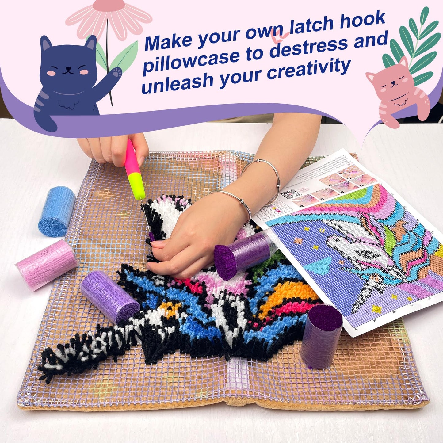 veirousa Blue Butterfly Latch Hook Kit for Adults Beginners, Pre-Printed Latch Hook Rug Kit, DIY Carpet Making Set for Home Wall Hanging Art Decoration 20x15 Inch