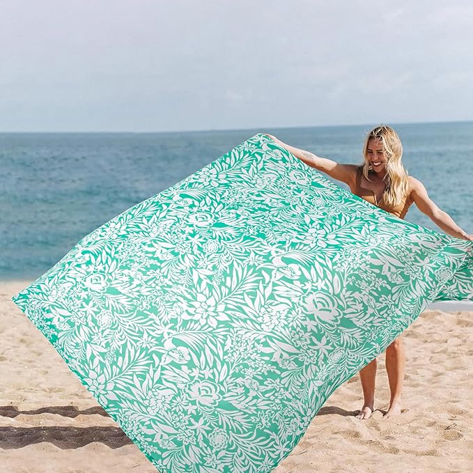 Beach Blanket, Waterproof Sandproof Beach Mat with 4 Stakes & 4 Pockets, 78''×86'' Large Compact Lightweight Sand Free Outdoor Essentials for Beach, Picnic, Travel, Camping