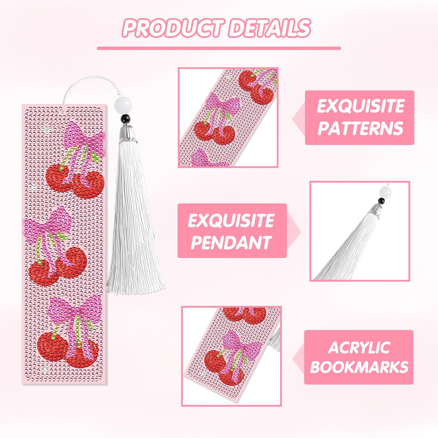 8 Pcs Bow Diamond Art Bookmarks Kit with Tassels, Cute Pink Diamond Painting Bookmarks for Women Book Lovers, DIY Bookmark Making Kit for Adults Beginners Aesthetic Crafts