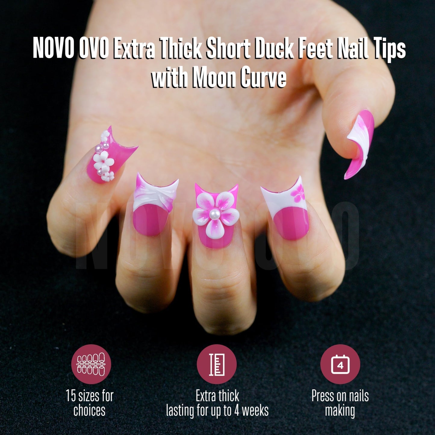 NOVO OVO Halloween Extra Thick Short Duck Feet Nail Tips with Moon Curve Full Cover Press on Acrylic, Clear Pre-Etched Matte Flare Wide French Soft Gel Fake False Nail Extension x 15 Sizes 240 pcs