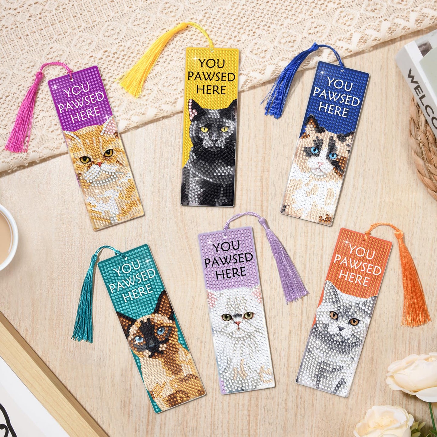 6 PCS Diamond Art Kits Bookmarks Cat Diamond Painting Bookmark, 5D DIY Book Marks Dimond Art Paintings Gem Art, Acrylic Bookmarks with Tassels,Arts and Crafts for Adults Reading Gifts for Book Lovers