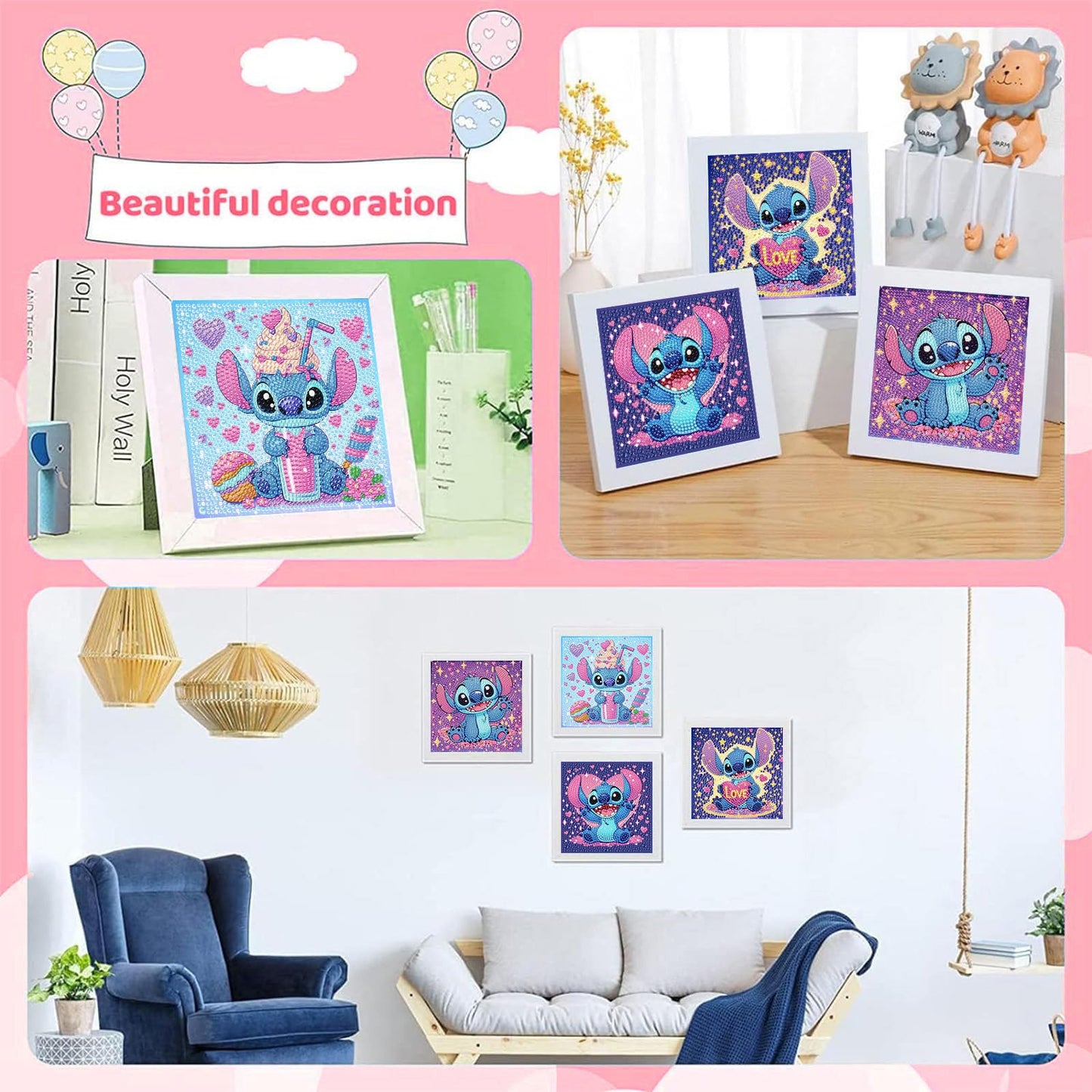 KOJEFCV 4 PCS Diamond Art Painting Kits for Kids,Cartoon Diamond Art for Kids Ages 4-8-12,Cartoon Gem Kit Crafts Beginners for Gift Home Wall Decor(6x6inch)
